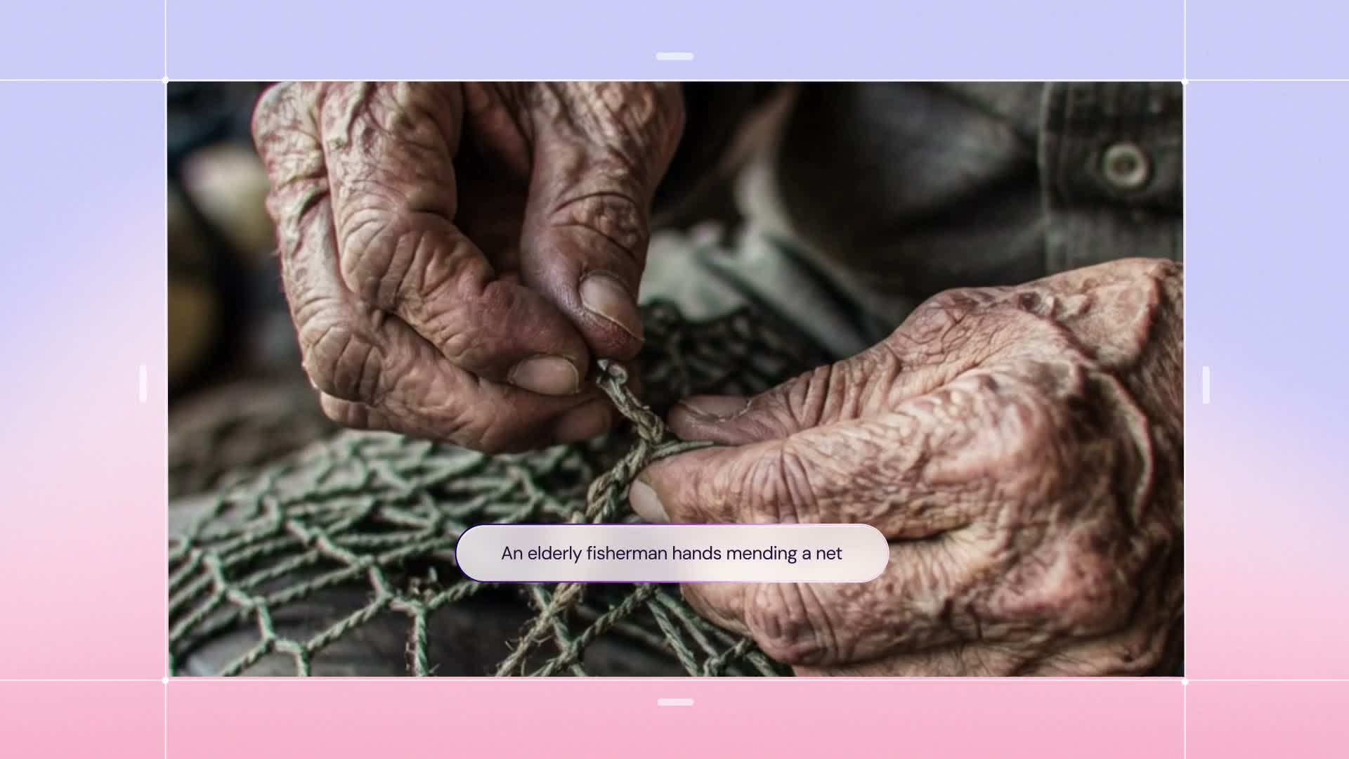 Close-up of an elderly fisherman mending a net