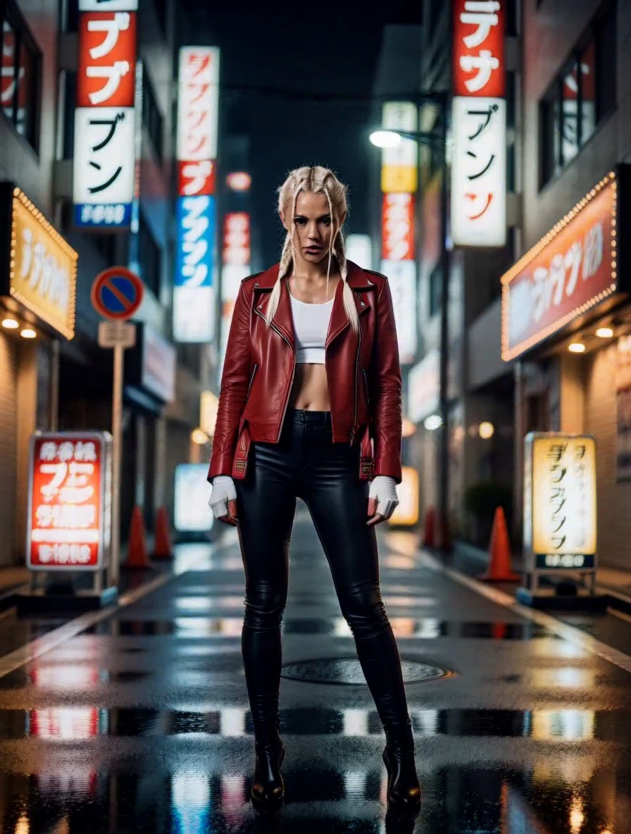 Blonde woman with braided hair in a red leather jacket on a rainy Tokyo street