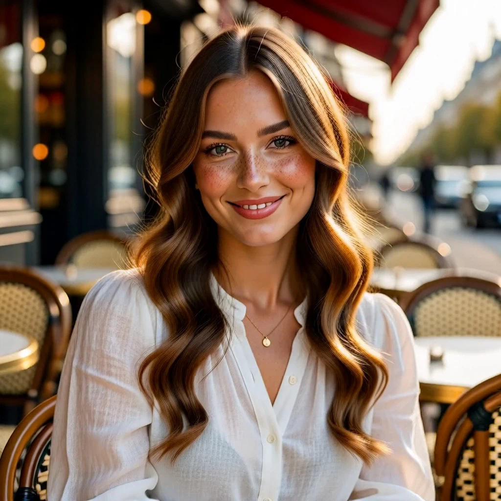 Woman with chestnut hair and freckles at a sunlit Parisian café